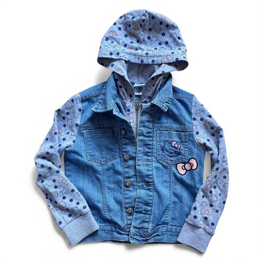 Hello Kitty Denim Hoodie Jacket Girls Blue Size 6 Y2K Kawaii Layered Bow Sanrio